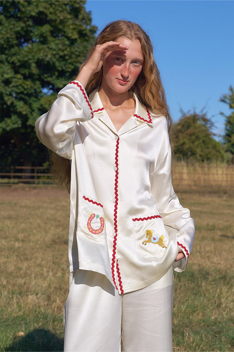Pearl white contrast wave-trim long pajama set from Not Just Pajama, featuring comfortable fabric and stylish design.