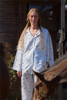 Light blue print twill long pajamas set by Not Just Pajama, featuring a comfortable button-up top and matching pants.