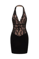 Nana Jacqueline Christi velvet mini dress with long sleeves and fitted silhouette, featuring a deep V neckline and elegant design.