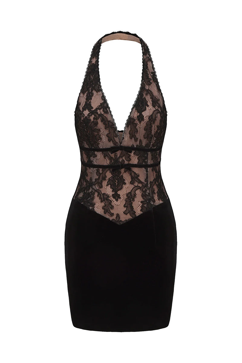 Nana Jacqueline Christi velvet mini dress with long sleeves and fitted silhouette, featuring a deep V neckline and elegant design.