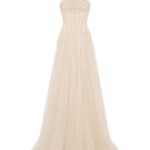 CEM nude sheer corset strap mesh floor-length gown, elegant maxi dress with fitted waist and flowing silhouette.