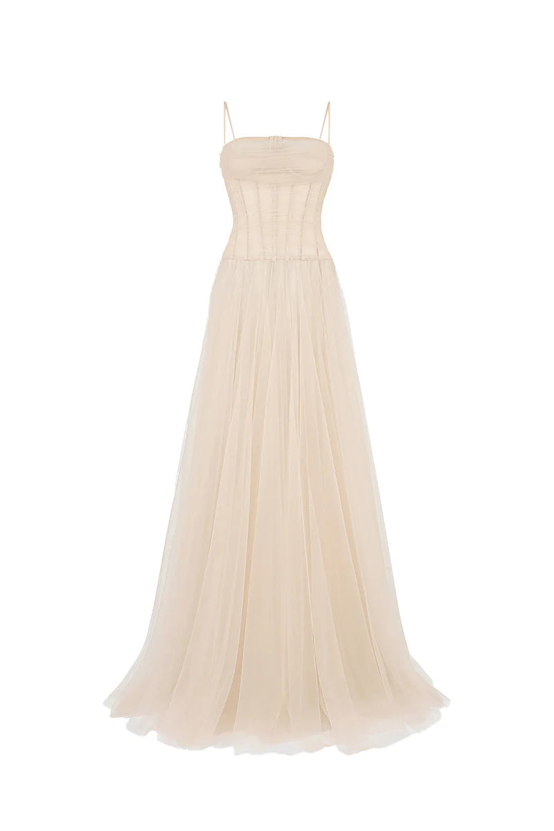 NUDE SHEER CORSET STRAP MESH FLOOR LENGTH GOWN - CULT MIA