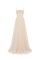 CEM nude sheer corset strap mesh floor-length gown, elegant maxi dress with fitted waist and flowing silhouette.