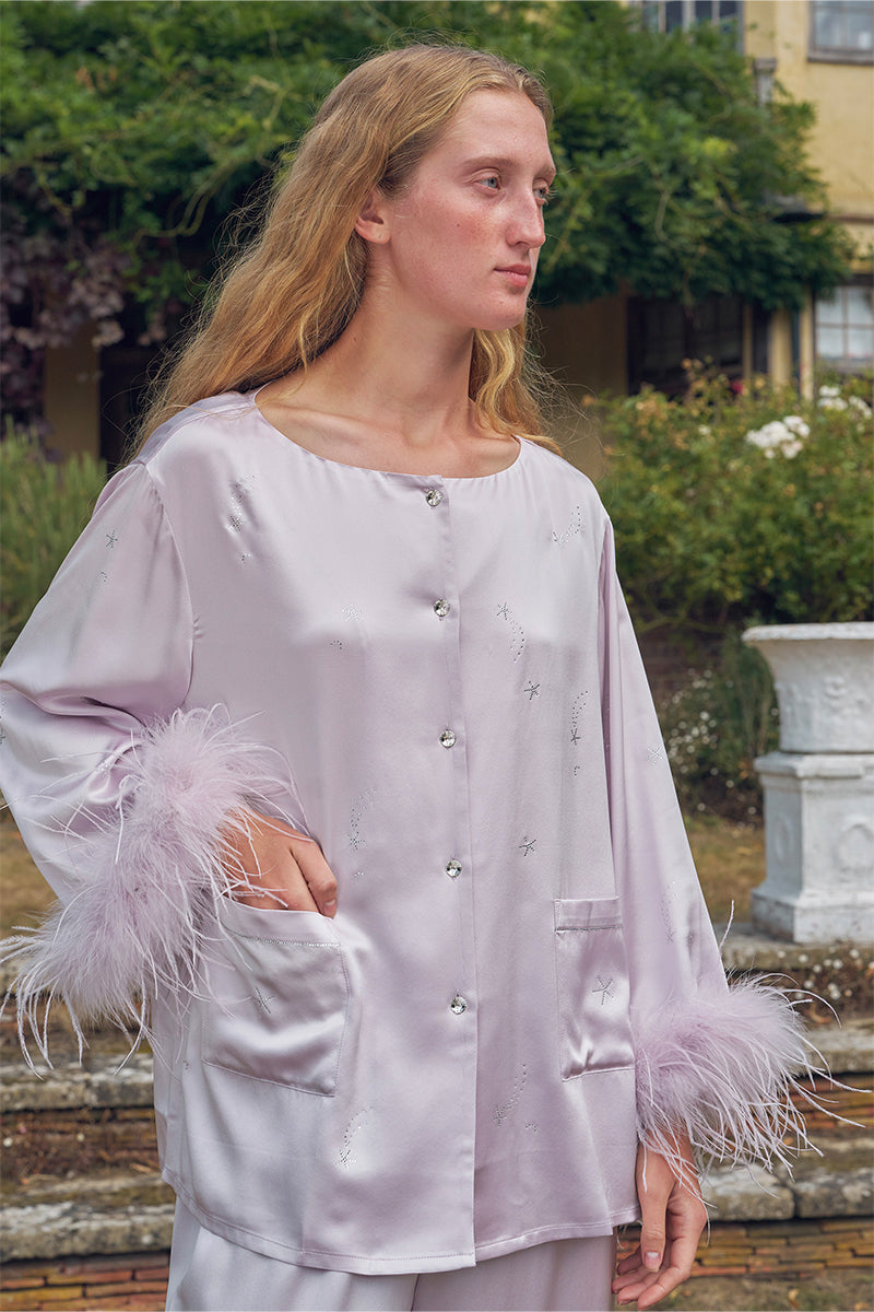 RHINESTONE AND FEATHER LONG-SLEEVE SET IN LIGHT PURPLE FEATHERS - CULT MIA