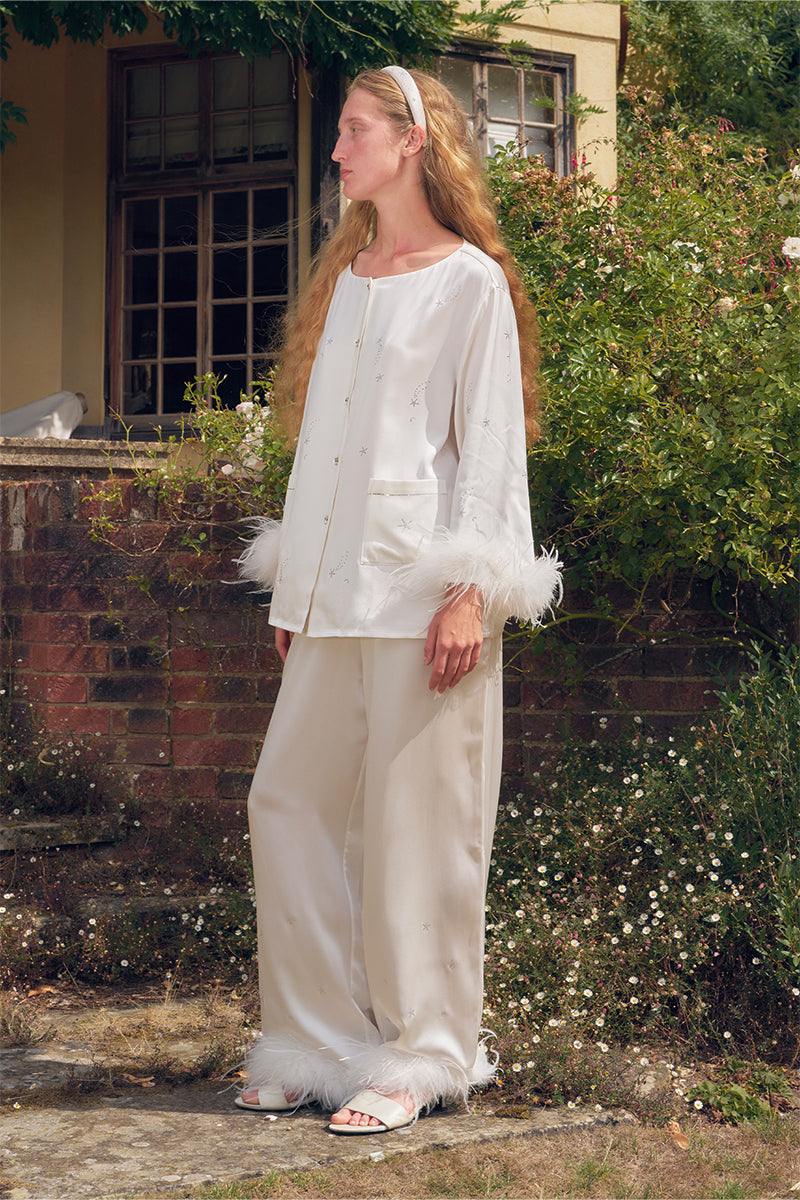 RHINESTONE AND FEATHER LONG-SLEEVE SET IN WHITE FEATHERS - CULT MIA
