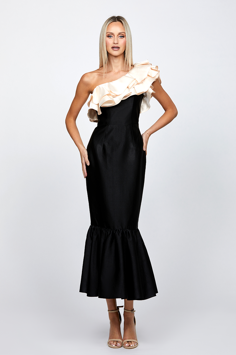 RYLAI ONE SHOULDER FISHTAIL MIDAXI IN BLACK/NUDE - CULT MIA