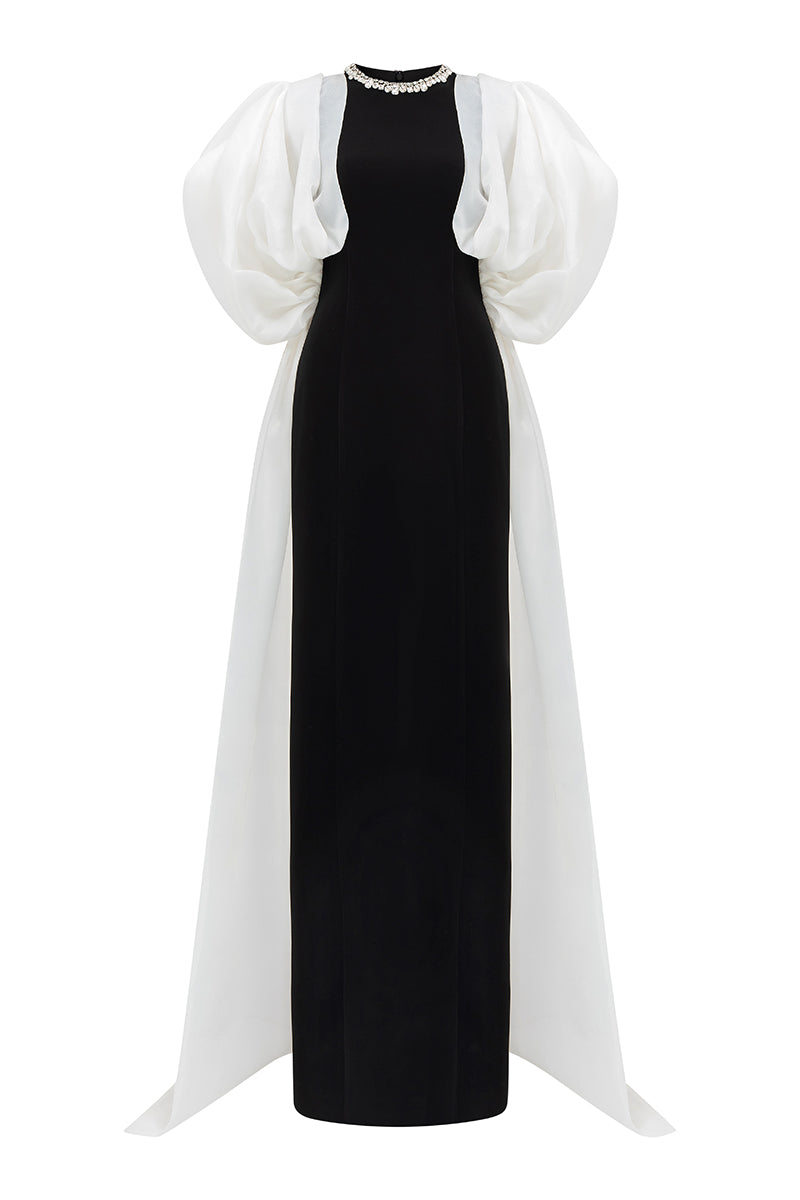 WHITE DRAPED SLEEVE COLUMN GOWN - CULT MIA