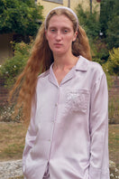Light purple rhinestone long pajama set from Not Just Pajama featuring sparkling embellishments and comfortable fabric.