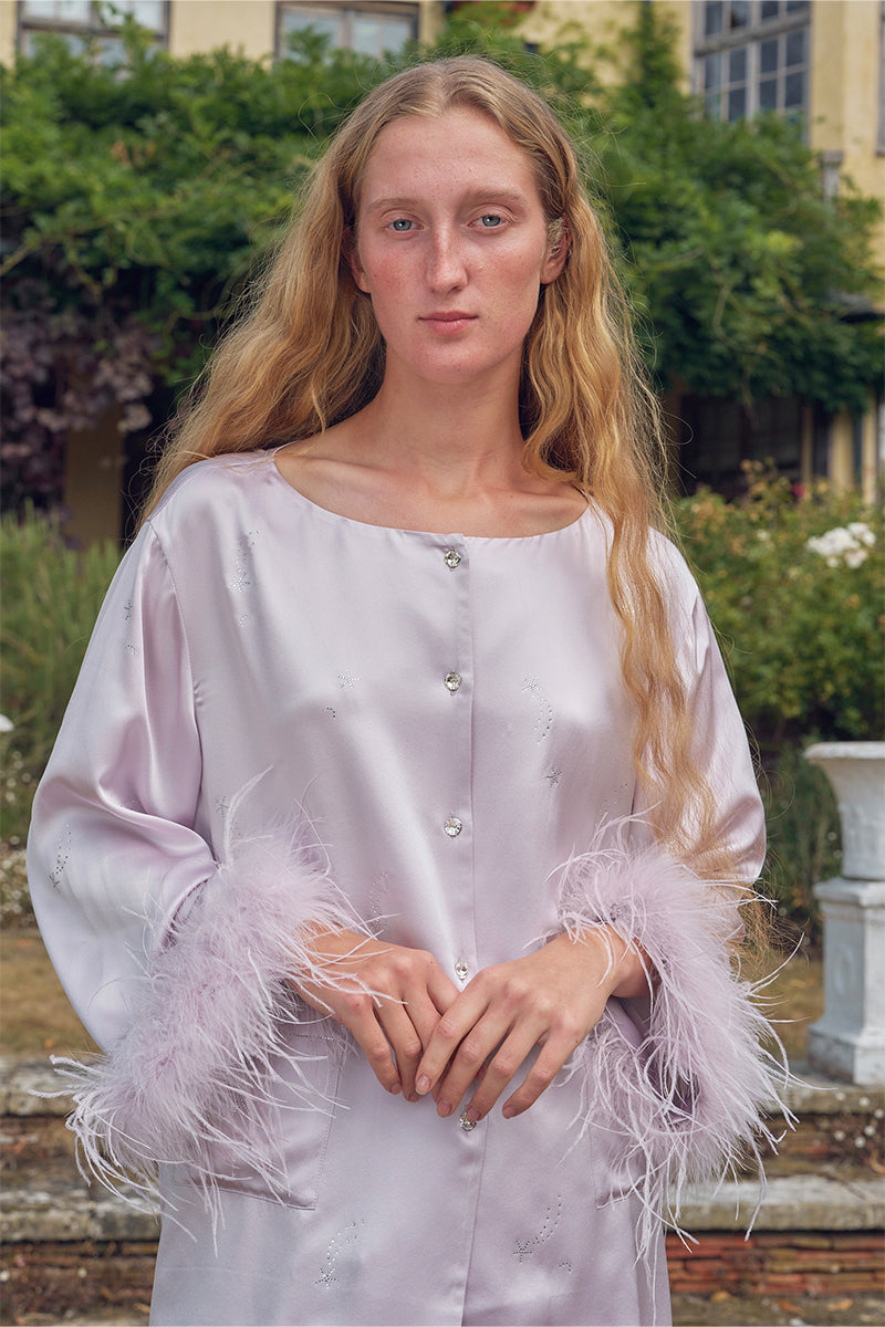 RHINESTONE AND FEATHER LONG-SLEEVE SET IN LIGHT PURPLE FEATHERS - CULT MIA