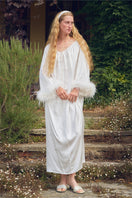 White feather robe with rhinestones, luxurious gown by Not Just Pajama featuring delicate feather details and elegant design.