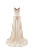 CEM nude chiffon maxi dress with an extra-long length and elegant corset design, flowing fabric and soft draping.