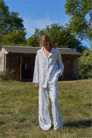 Blue print Twill Long Set pajamas by Not Just Pajama, featuring a comfortable long-sleeve top and matching pants.