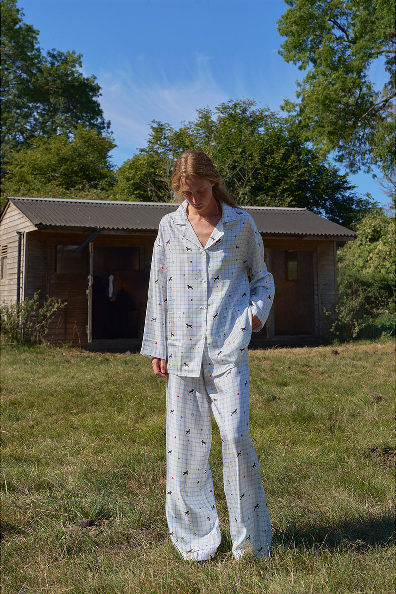 Blue print Twill Long Set pajamas by Not Just Pajama, featuring a comfortable long-sleeve top and matching pants.
