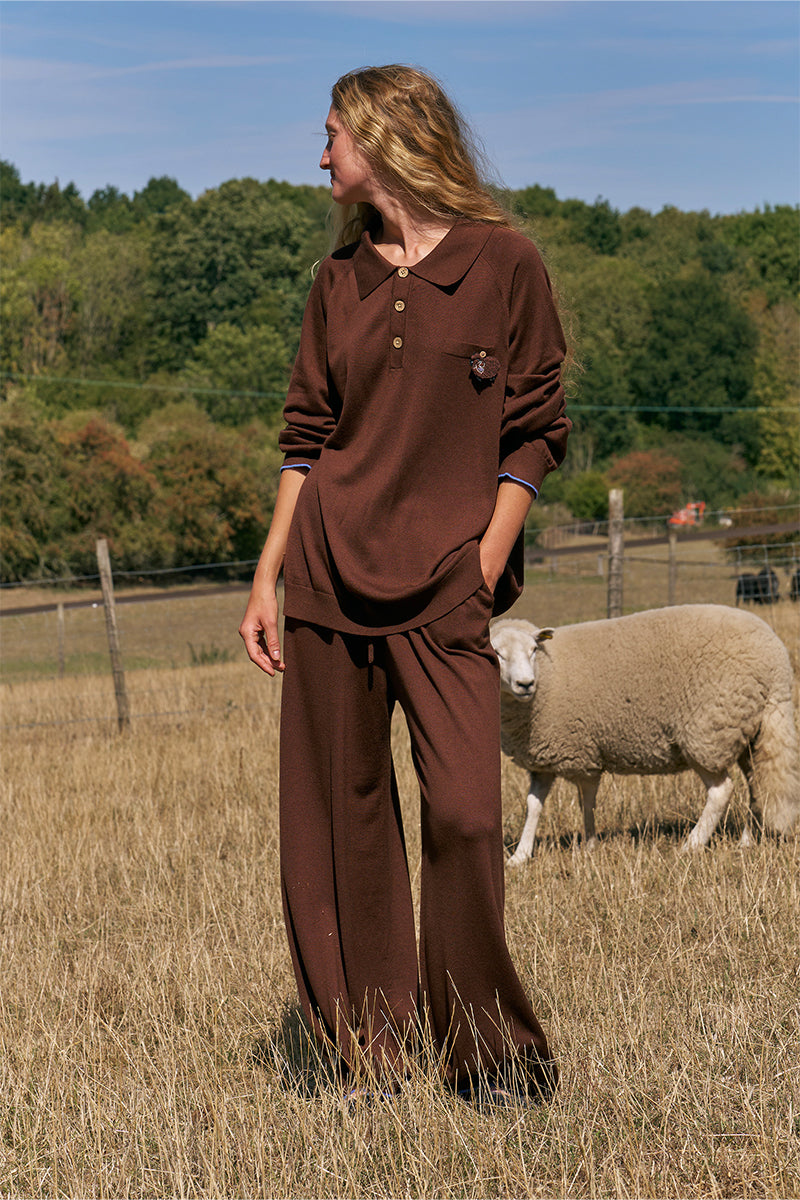 Brown long sleeve unisex knitwear shirt by Not Just Pajama, featuring a cozy, fitted knit design in a natural, earthy tone.