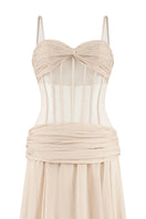 CEM nude chiffon maxi gown with a corset design, featuring an extra-long flowing silhouette and elegant detailing.