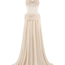 Long NUDE chiffon corset maxi dress by CEM, featuring an elegant, flowing design with intricate details and a fitted bodice.
