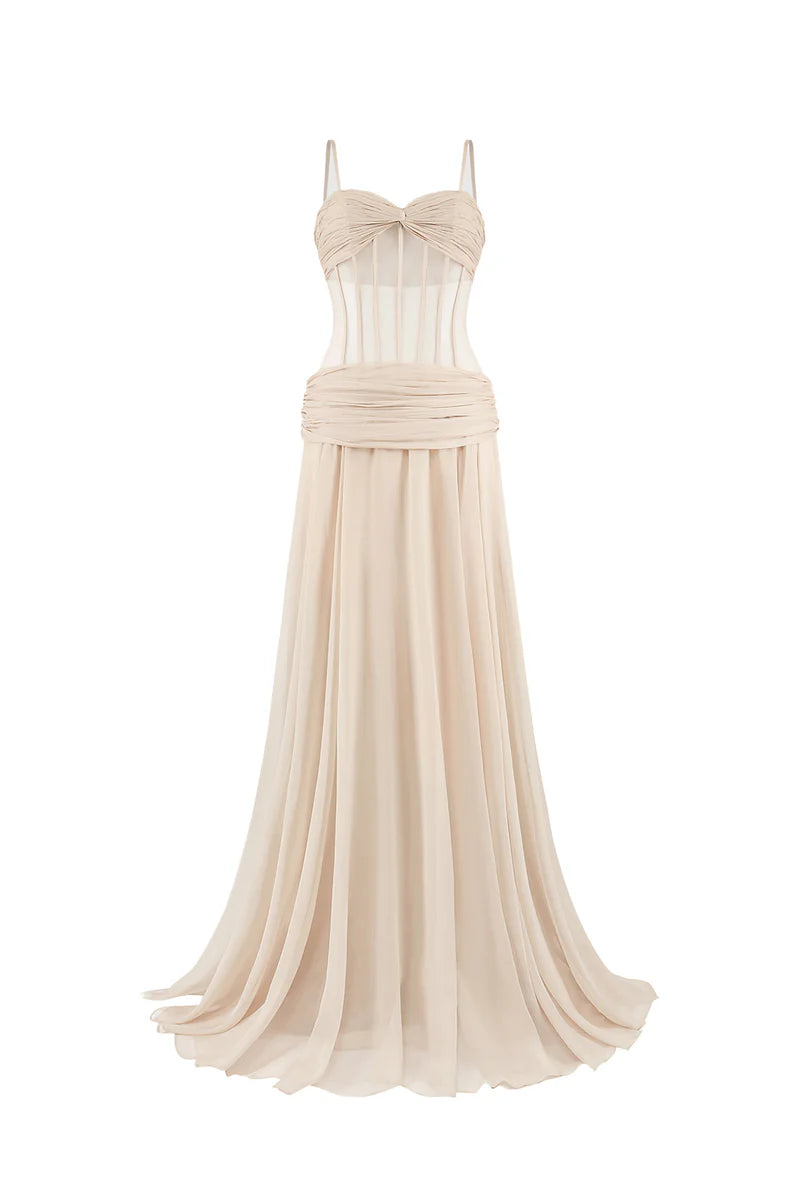 NUDE CORSET CHIFFON EXTRA LONG GOWN - CULT MIA