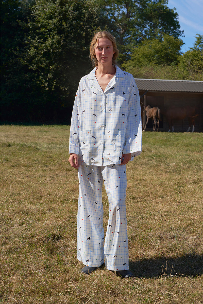 Blue print twill long pajamas set by Not Just Pajama, featuring a comfortable, stylish design with long sleeves and matching pants.