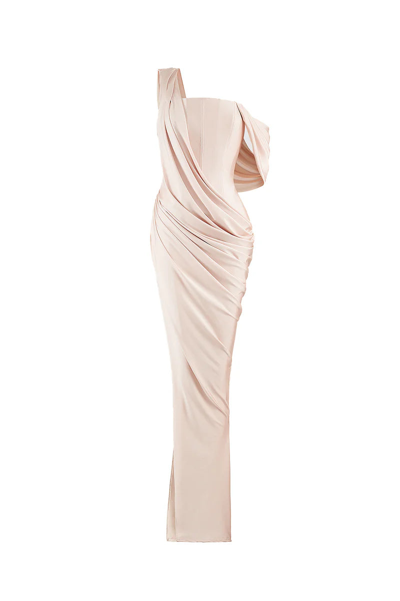 CREAM ASYMMETRIC SLEEVED  FLOOR LENGTH GOWN - CULT MIA