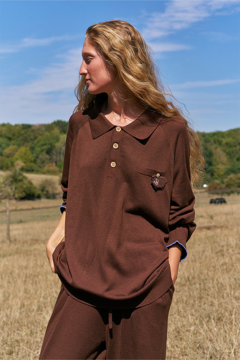 Unisex brown long sleeve knitwear shirt from Not Just Pajama, featuring a cozy, fitted knit fabric and classic collar.