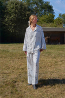 Blue print twill long pajama set from Not Just Pajama, featuring a comfortable, stylish design and relaxed fit.