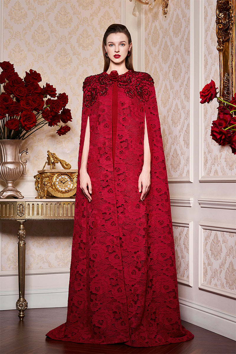 RED ROUND NECKLINE SLEEVELESS GOWN WITH LONG LACE CAPE | CULT MIA | I.H.F