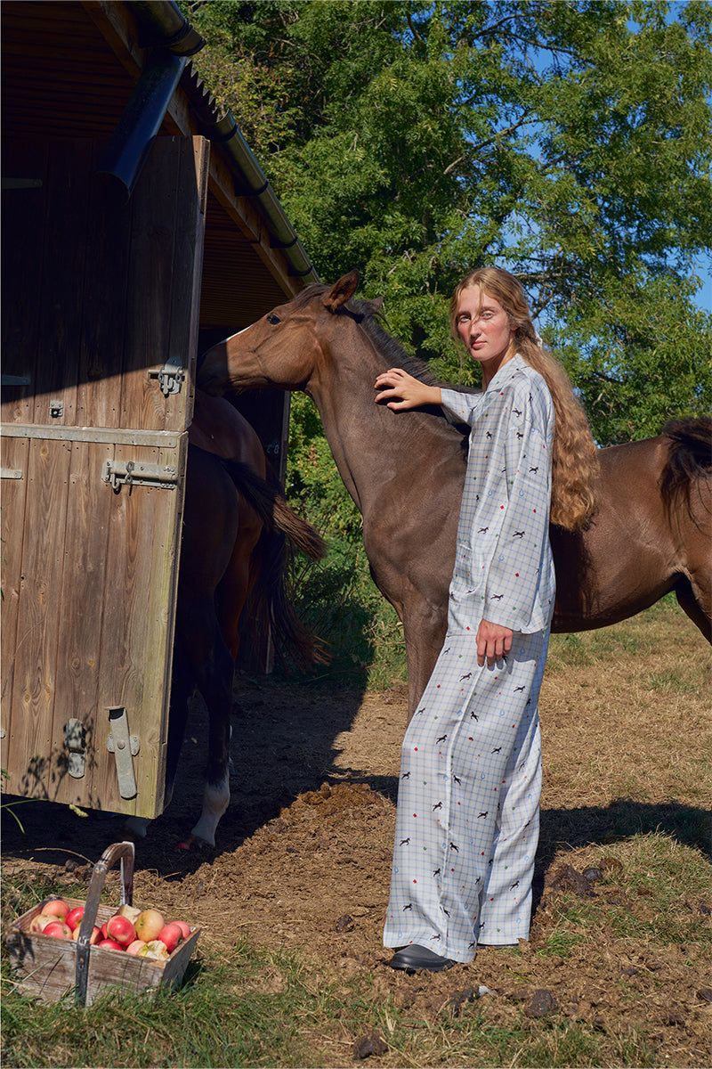 Blue print twill long pajamas set by Not Just Pajama, featuring a comfortable, stylish sleepwear design in soft fabric.
