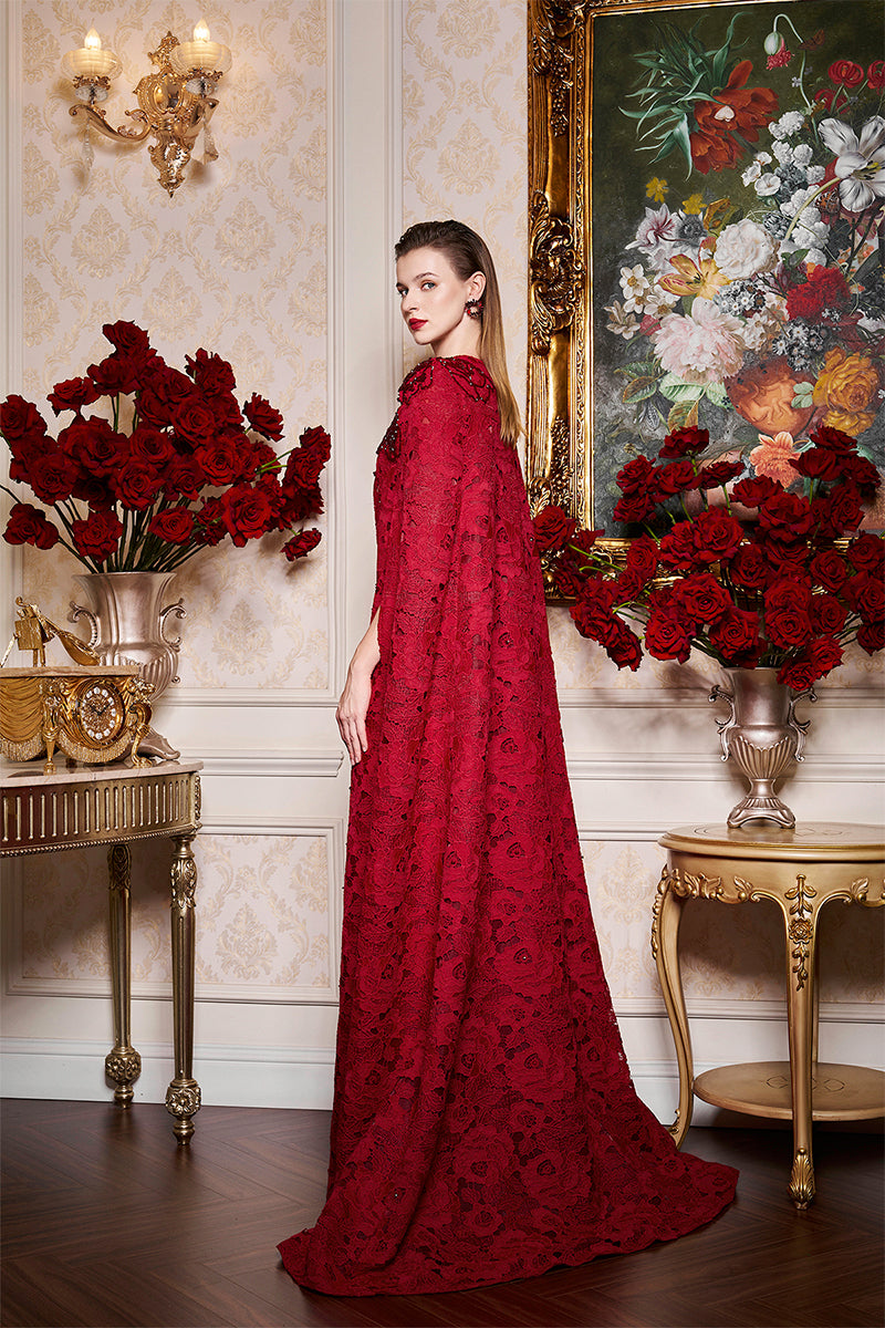 RED ROUND NECKLINE SLEEVELESS GOWN WITH LONG LACE CAPE - CULT MIA