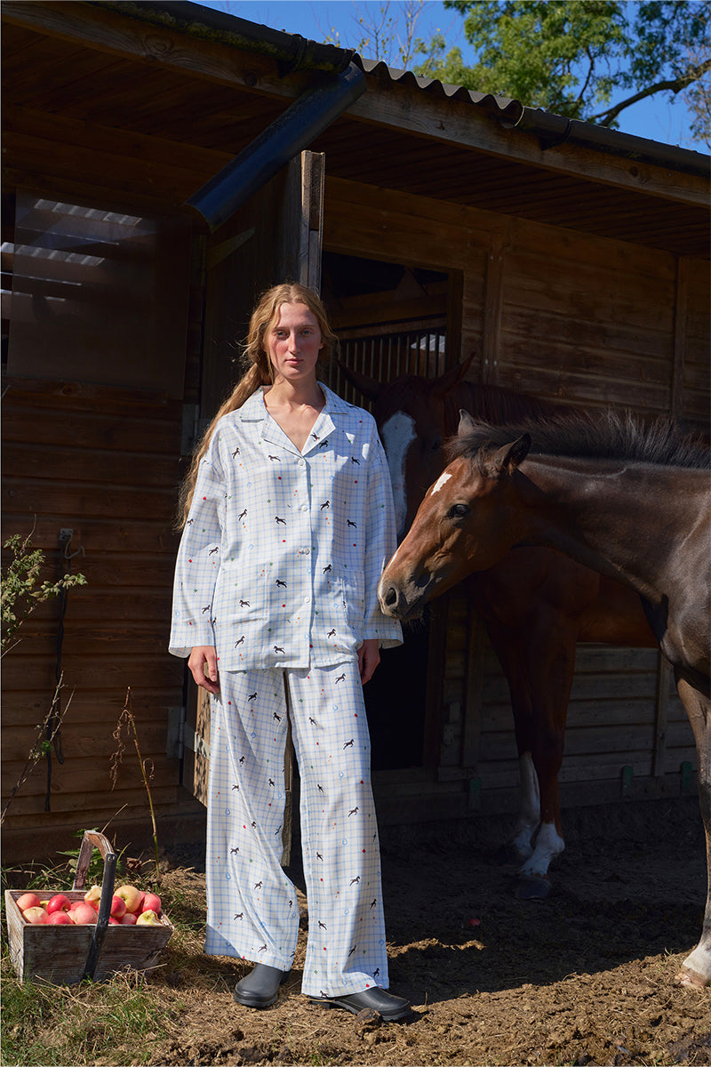Blue print twill long pajamas set by Not Just Pajama, featuring a comfortable, relaxed fit and stylish design for bedtime.