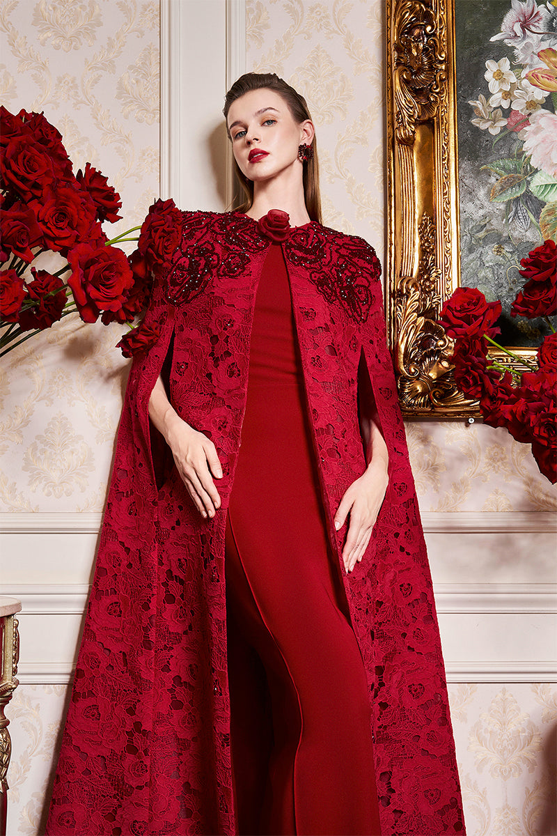RED ROUND NECKLINE SLEEVELESS GOWN WITH LONG LACE CAPE - CULT MIA
