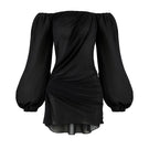 Black puffy-sleeved chiffon mini dress by CEM, featuring a stylish short design with voluminous sleeves and elegant fabric.