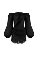 Black puffy-sleeved chiffon mini dress by CEM, featuring a stylish short design with voluminous sleeves and elegant fabric.