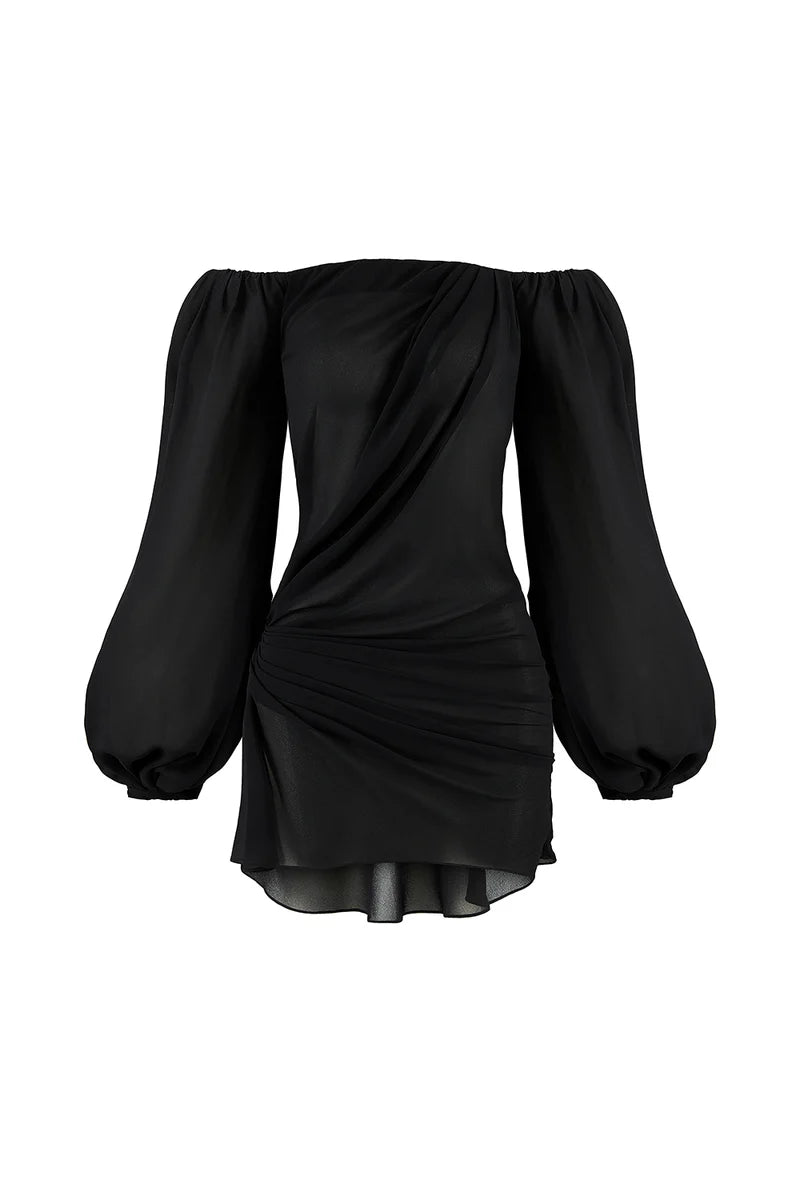PUFFY SLEEVED CHIFFON MINI BLACK DRESS
