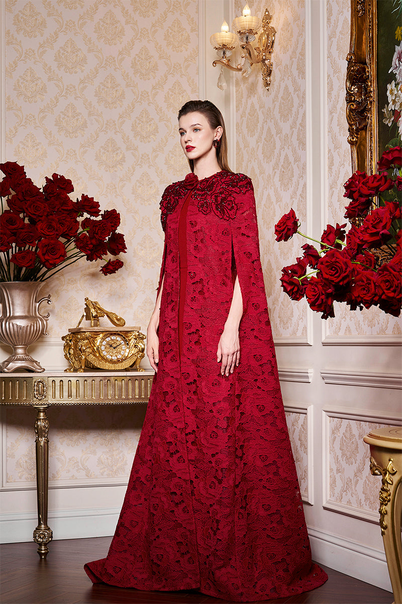 RED ROUND NECKLINE SLEEVELESS GOWN WITH LONG LACE CAPE - CULT MIA