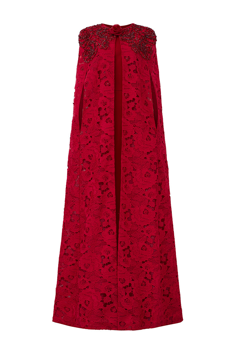 RED ROUND NECKLINE SLEEVELESS GOWN WITH LONG LACE CAPE - CULT MIA