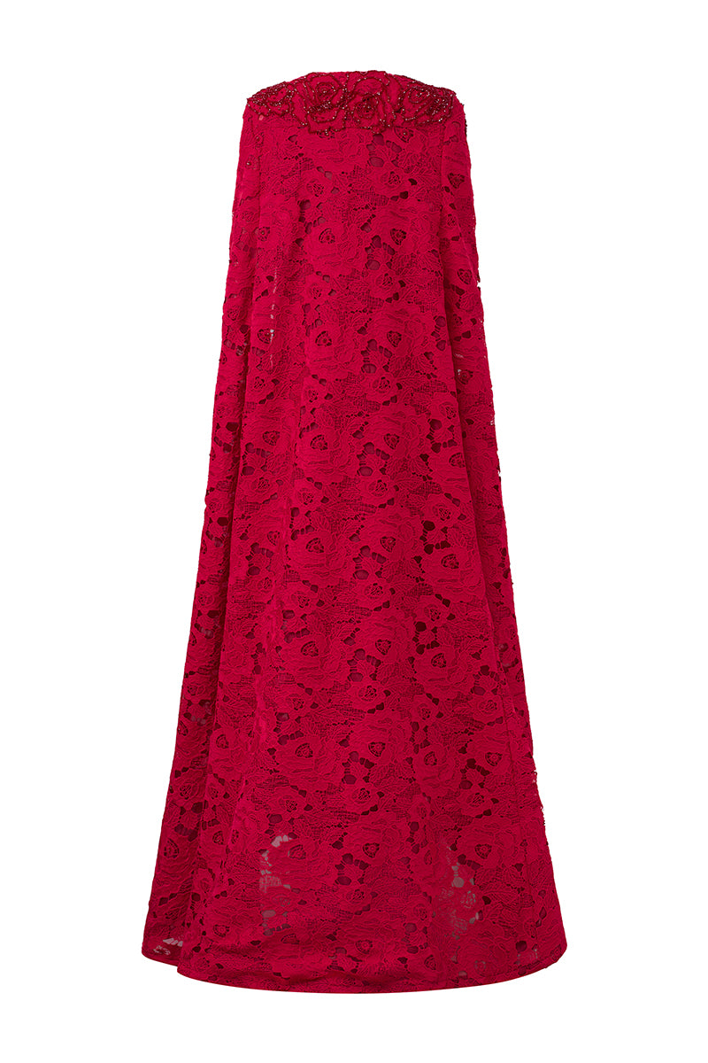 RED ROUND NECKLINE SLEEVELESS GOWN WITH LONG LACE CAPE - CULT MIA