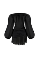 Black chiffon mini dress with puffy sleeves from CEM, featuring a stylish and elegant design perfect for special occasions.
