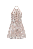 Cream sheer halter neck mesh mini dress by CEM featuring embellishments and a fitted silhouette.