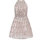 CEM cream sheer halter neck mesh mini dress with embellishments, featuring a fitted silhouette and stylish design.
