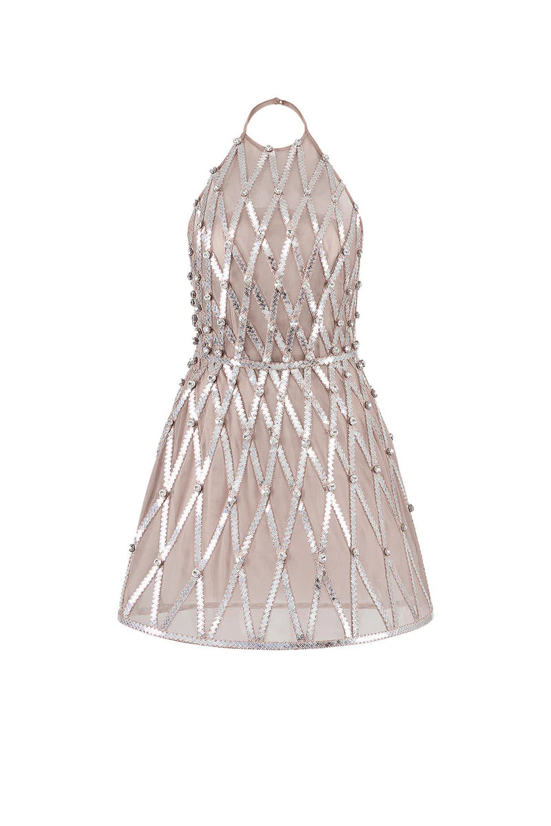 CREAM SHEER EMBELLISHMENT HALTER NECK MESH MINI DRESS - CULT MIA