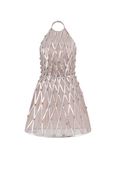 CEM CREAM SHEER EMBELLISHMENT HALTER NECK MESH MINI DRESS