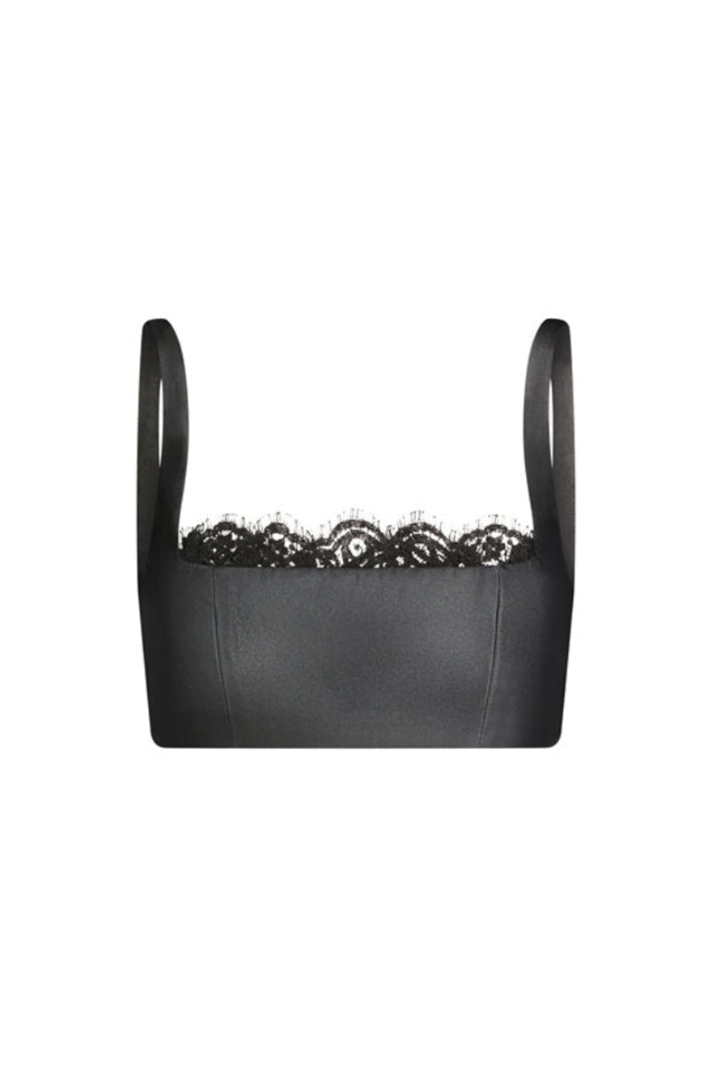 Black Scarlett Gasque Fiorella top with fitted design, featuring a stylish neckline and sleek fabric, ideal for casual or dressy occasions.