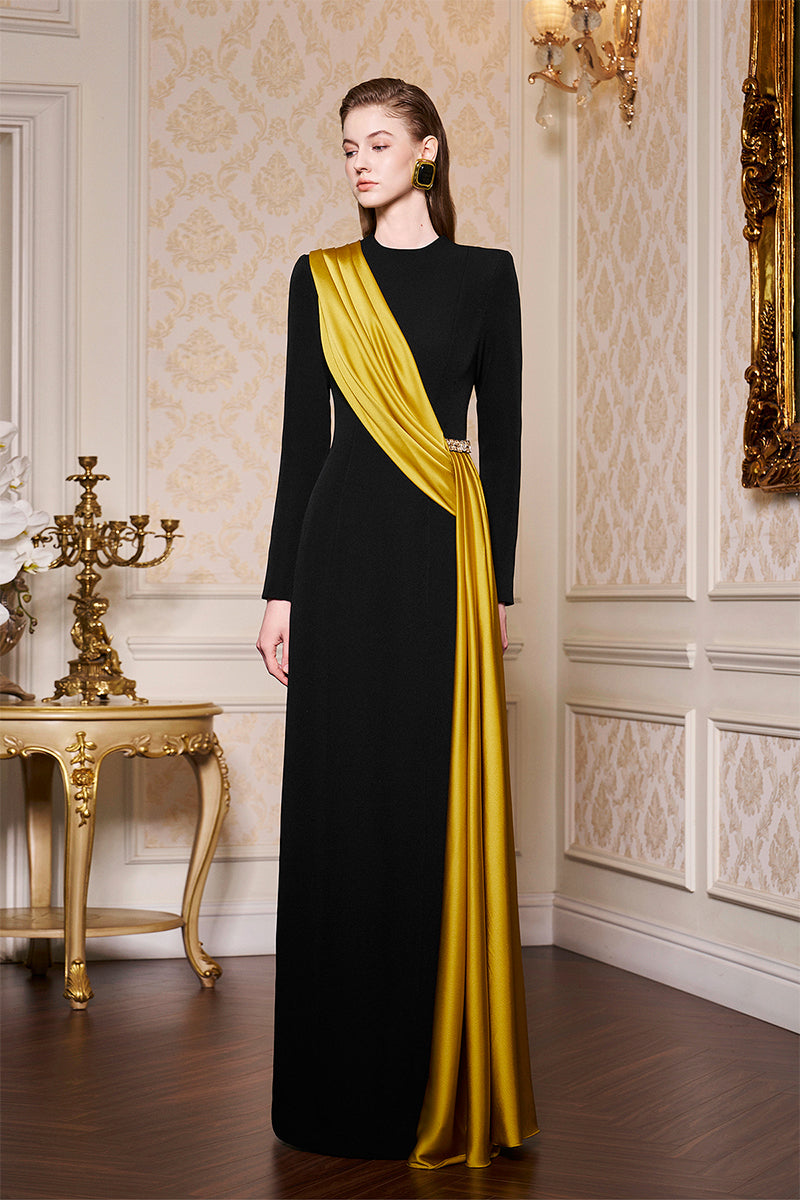 BLACK ROUND NECKLINE GOWN WITH ONE-SHOULDER FRINGED SILK - CULT MIA