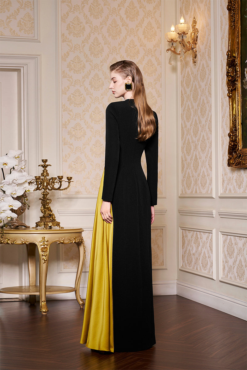 BLACK ROUND NECKLINE GOWN WITH ONE-SHOULDER FRINGED SILK - CULT MIA