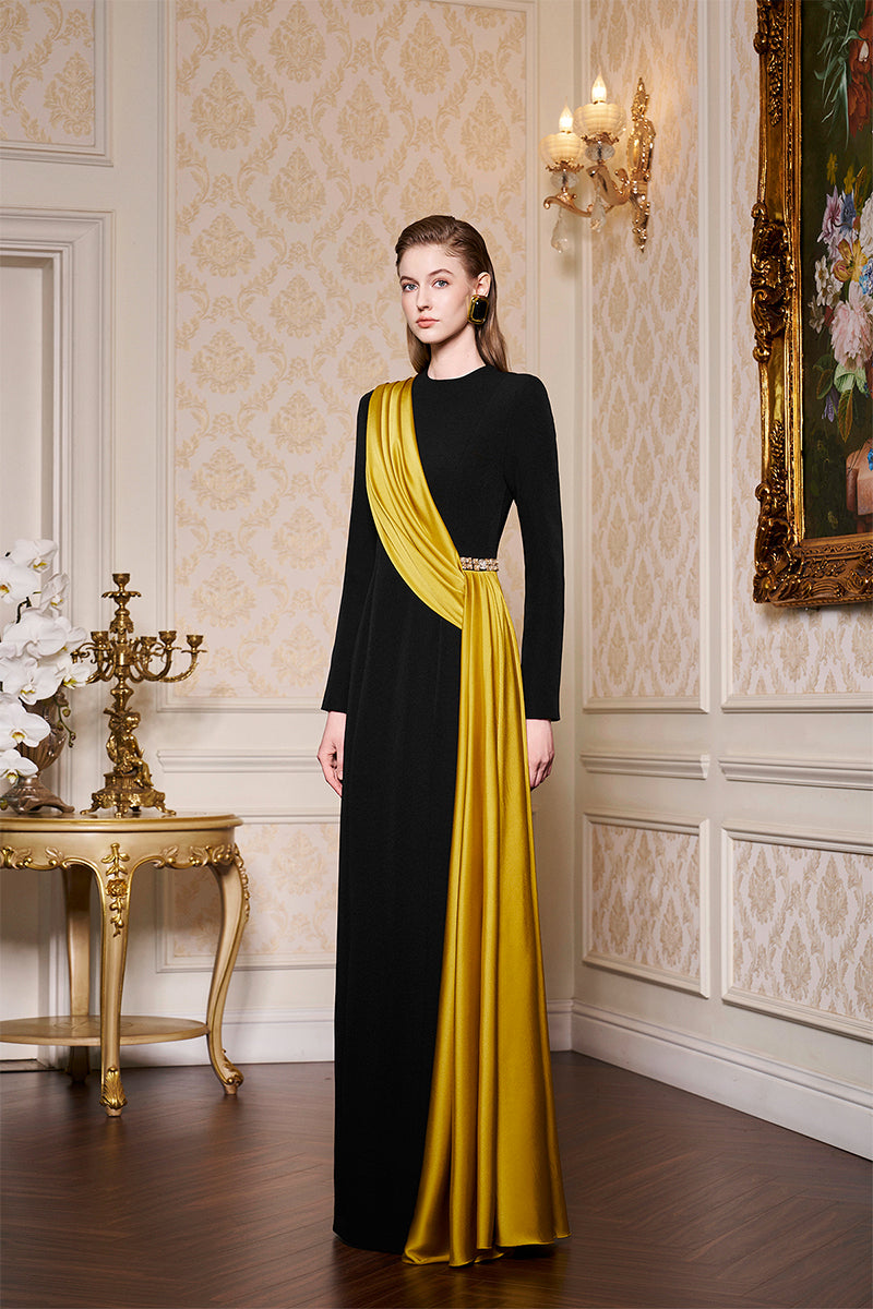 BLACK ROUND NECKLINE GOWN WITH ONE-SHOULDER FRINGED SILK - CULT MIA