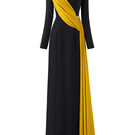 Black round neckline gown with one-shoulder fringed silk design by I.H.F, shown from the front.