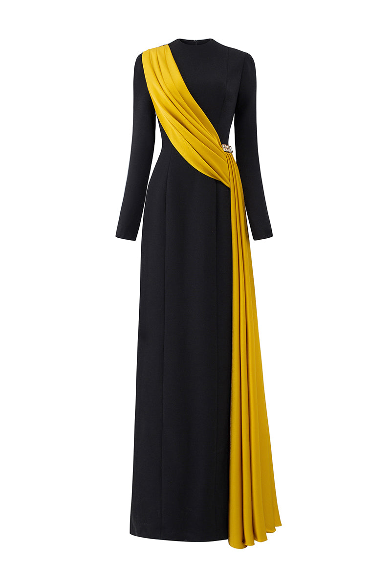 BLACK ROUND NECKLINE GOWN WITH ONE-SHOULDER FRINGED SILK - CULT MIA