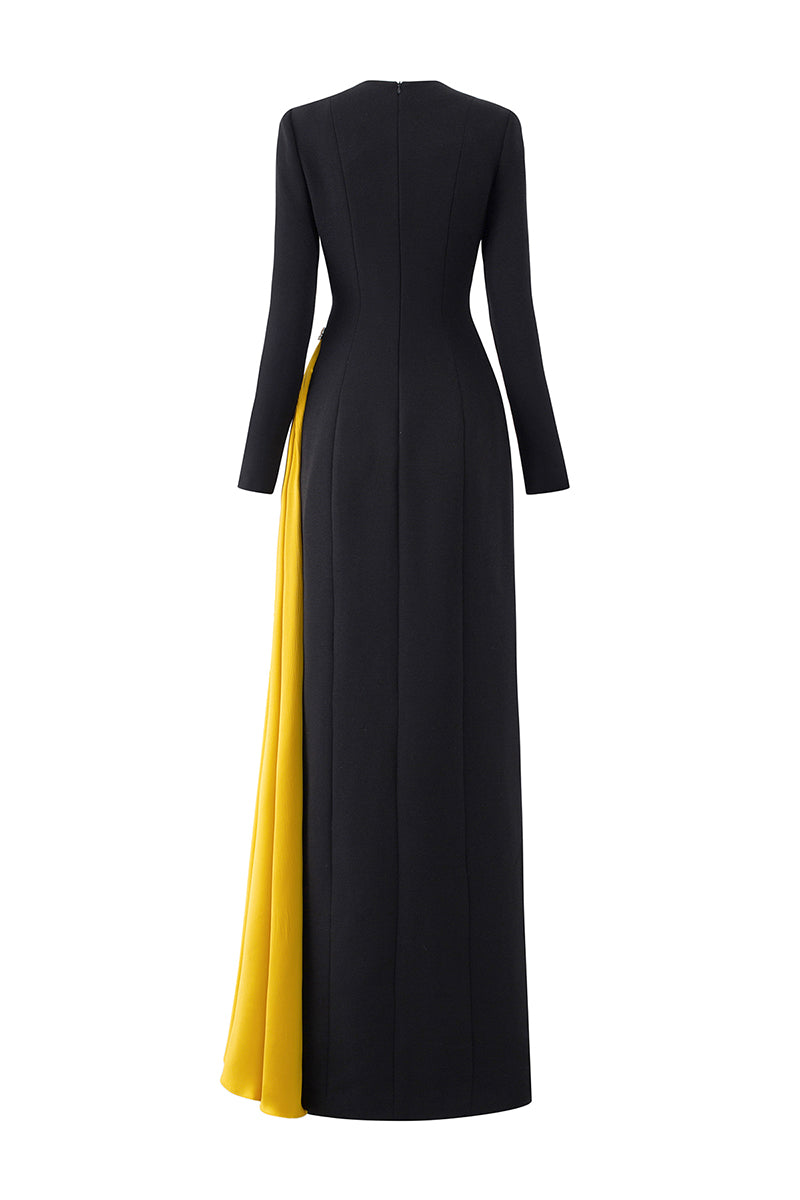 Black round neckline gown with one-shoulder fringed silk design by I.H.F, elegant evening wear with draped silhouette.