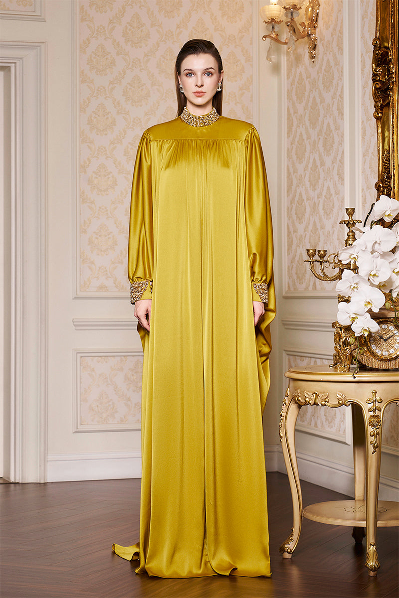 YELLOW HIGH-NECK BOUFFANT SLEEVES GOWN - CULT MIA