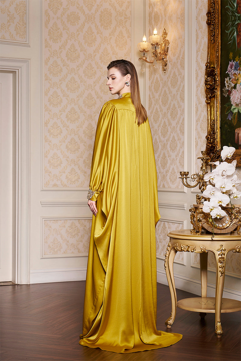 YELLOW HIGH-NECK BOUFFANT SLEEVES GOWN - CULT MIA